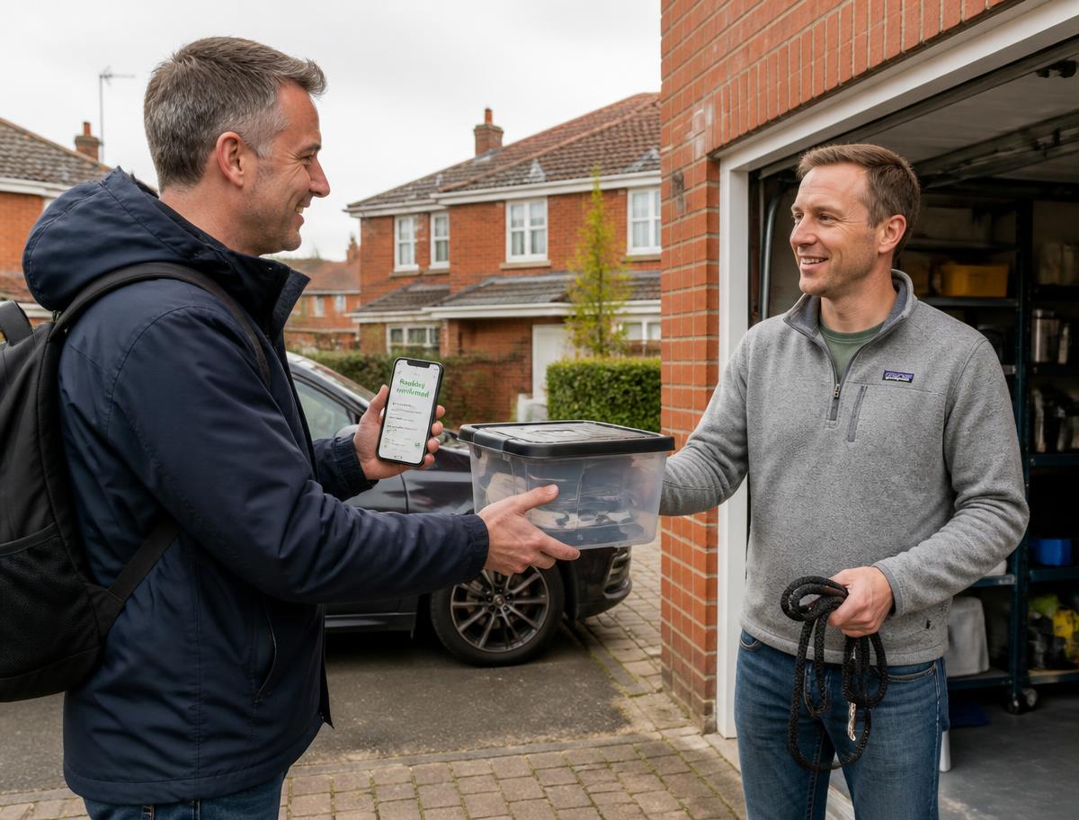 A Dublin guest handing over a storage box and dog leash to a verified Storloop host beside a garage and driveway