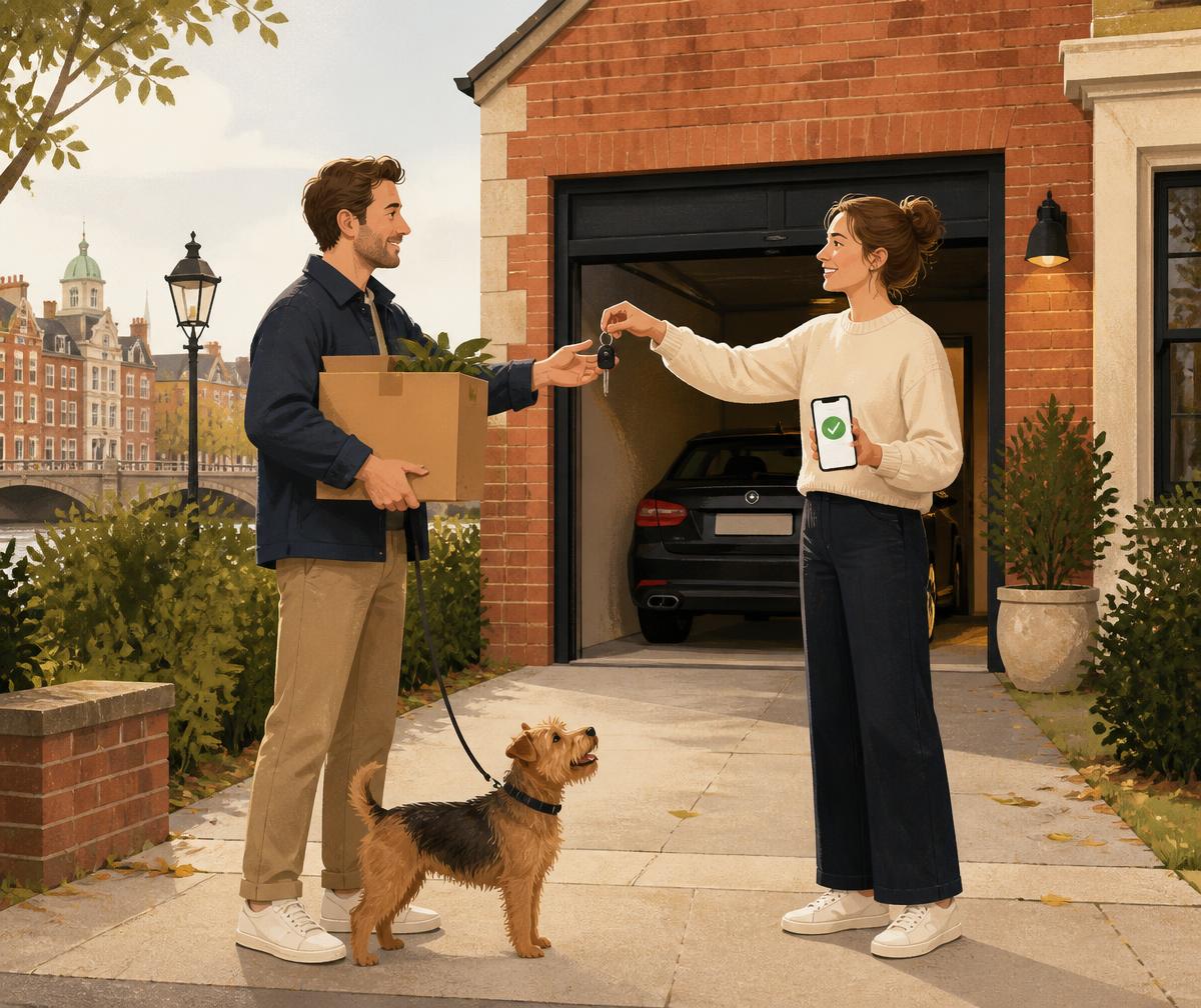 A Storloop guest arriving with a box and a dog while a verified Dublin host hands over the garage key and shows the confirmed booking